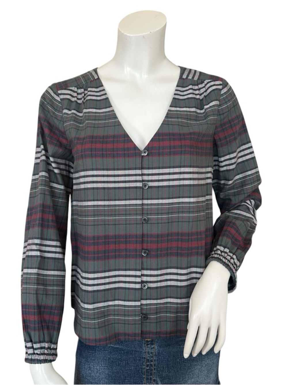Madewell V-Neck Cotton Button-Down Shirt in Pineview Plaid Green White Red Small